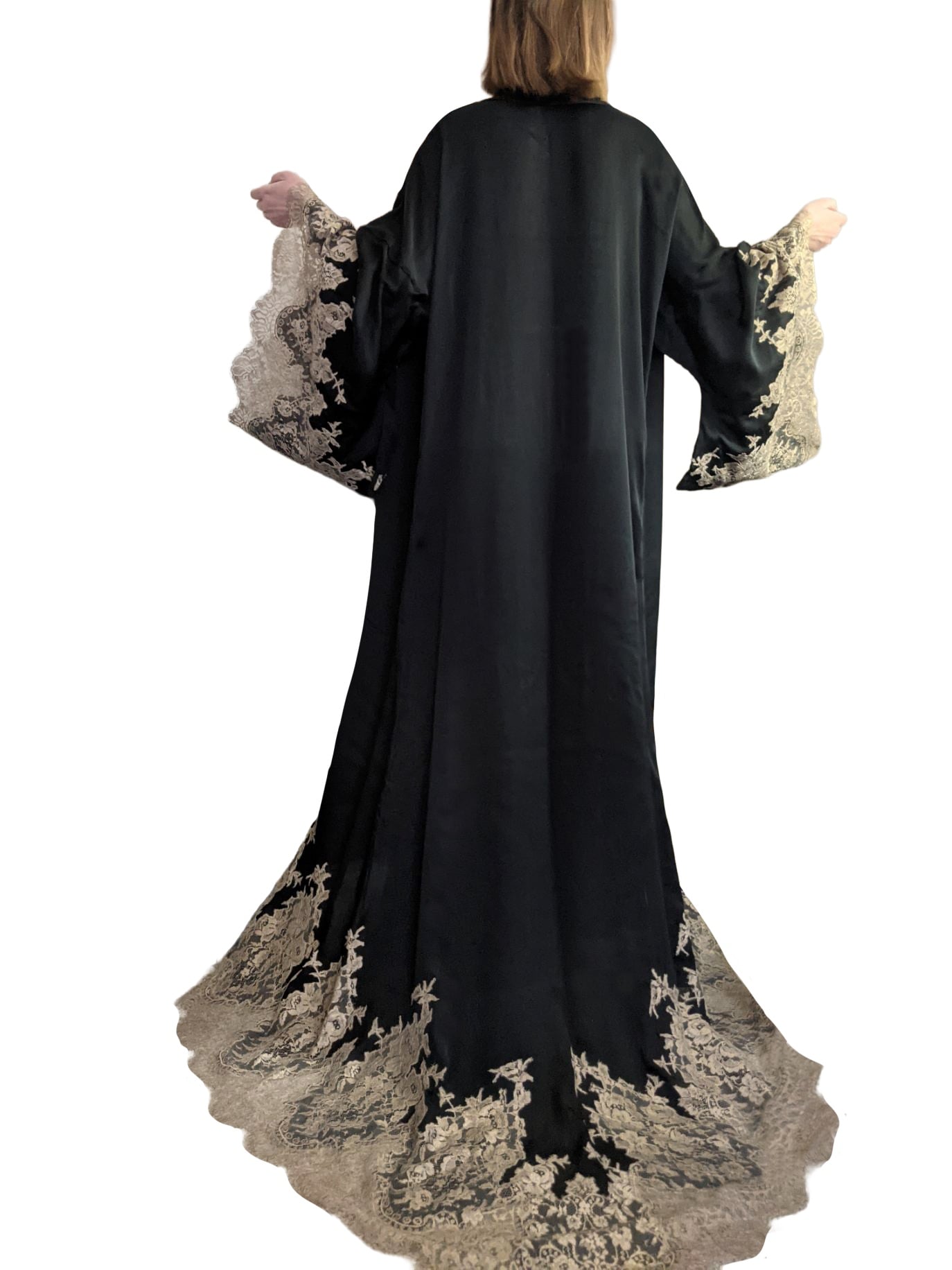 COUTURE — Black and Champagne Chantilly Lace Kimono with Train view 1