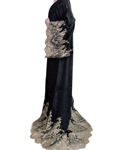Photo of COUTURE — Black and Champagne Chantilly Lace Kimono with Train, view 2