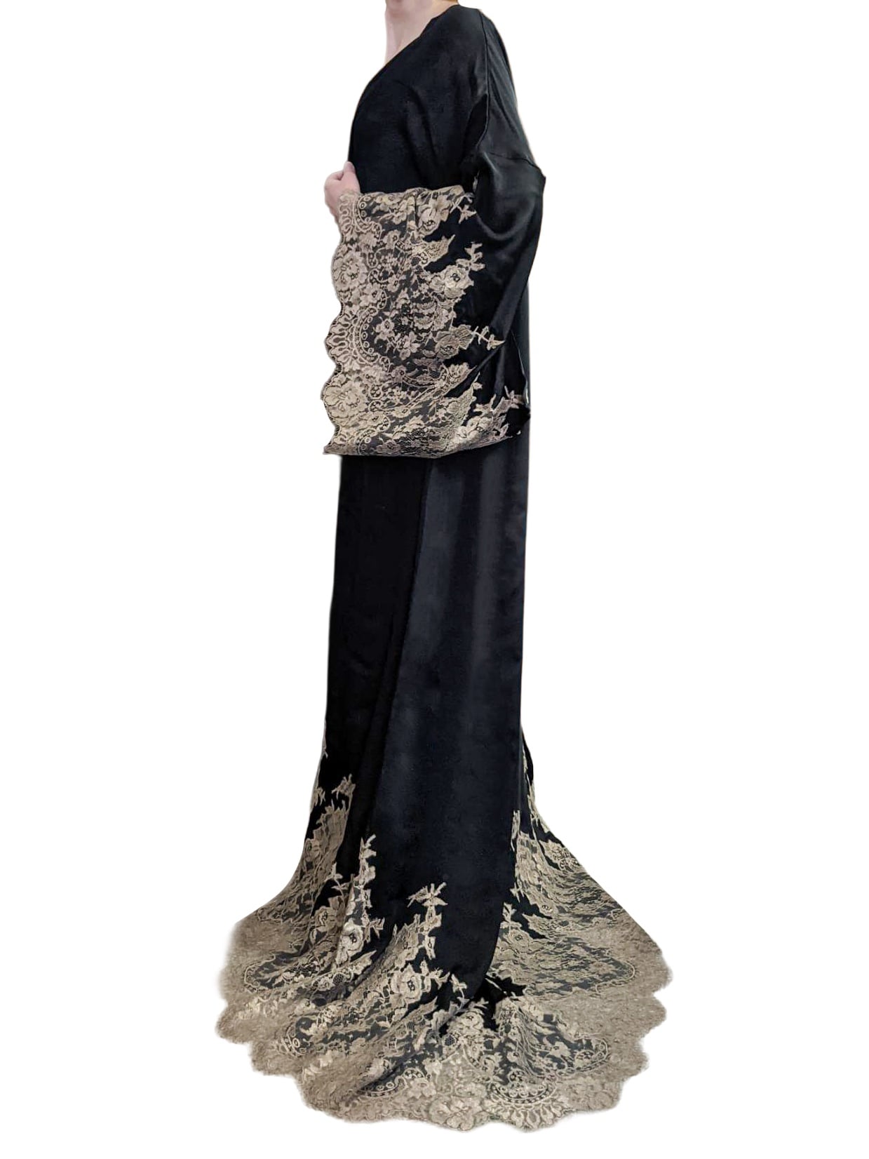 COUTURE — Black and Champagne Chantilly Lace Kimono with Train view 2
