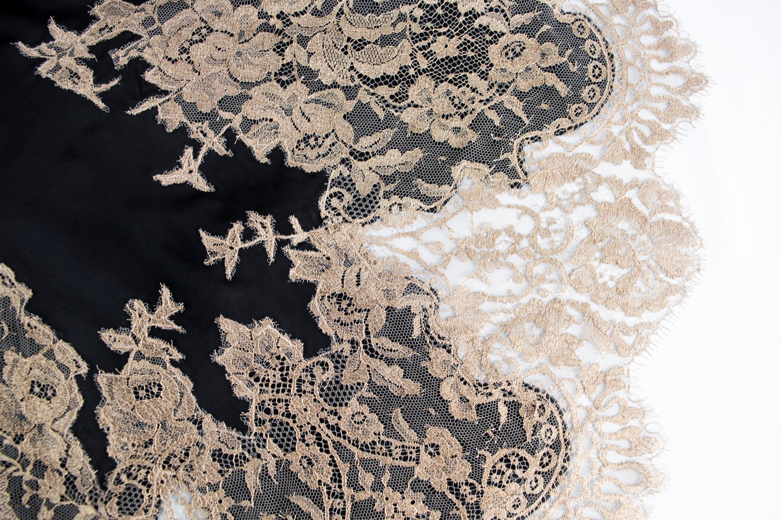 COUTURE — Black and Champagne Chantilly Lace Kimono with Train view 3