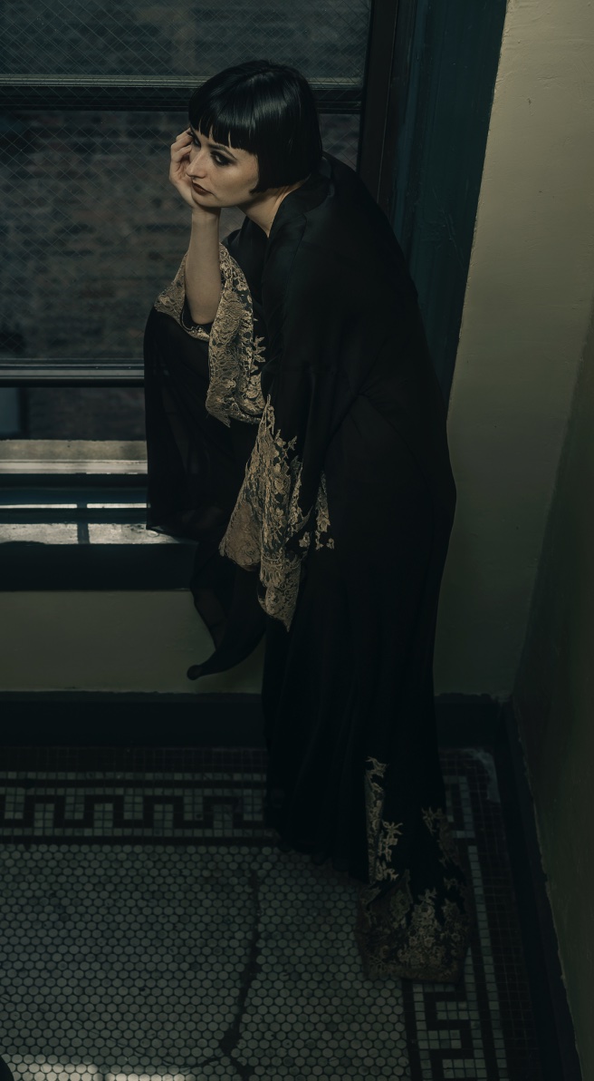 COUTURE — Black and Champagne Chantilly Lace Kimono with Train view 4