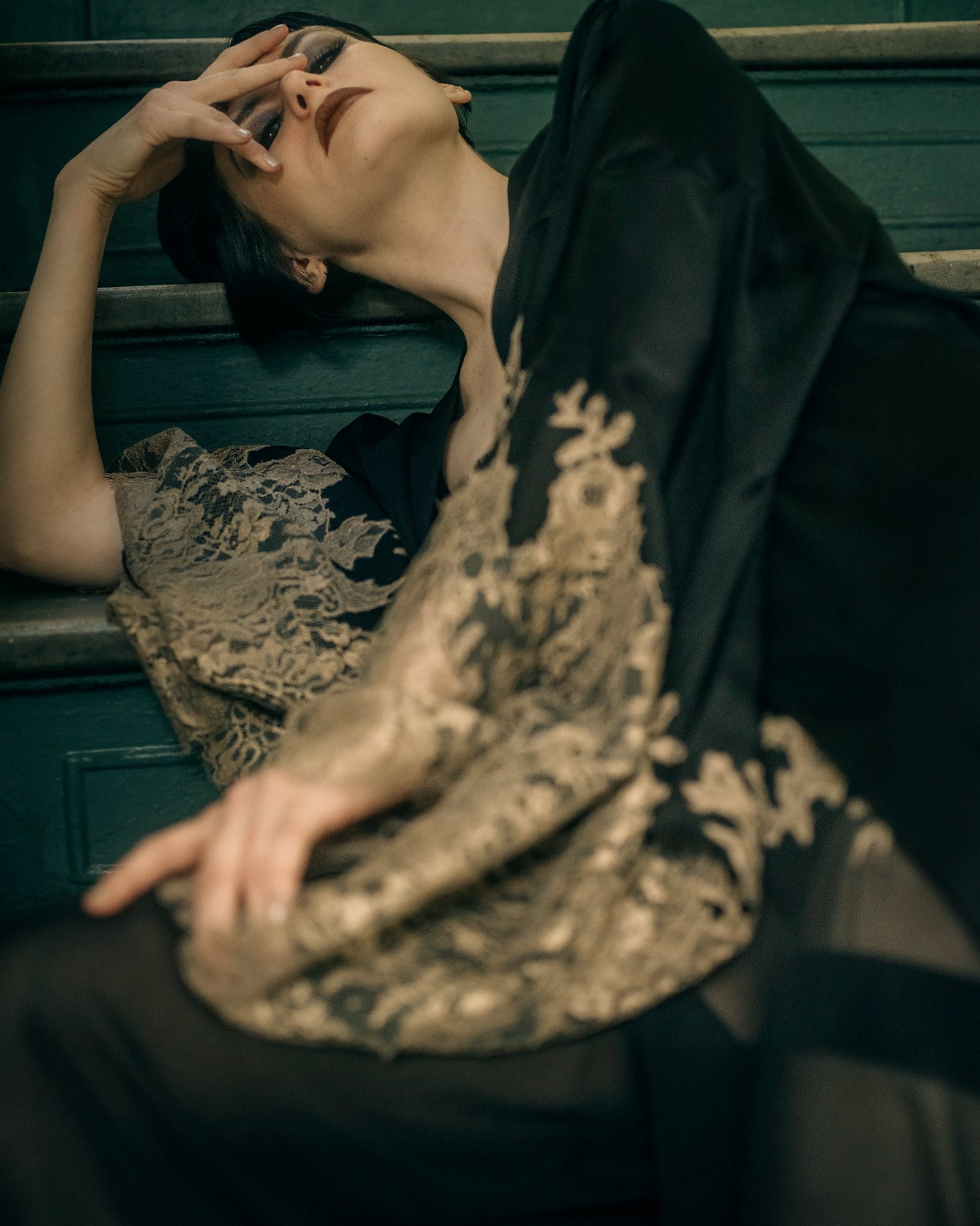 COUTURE — Black and Champagne Chantilly Lace Kimono with Train view 2