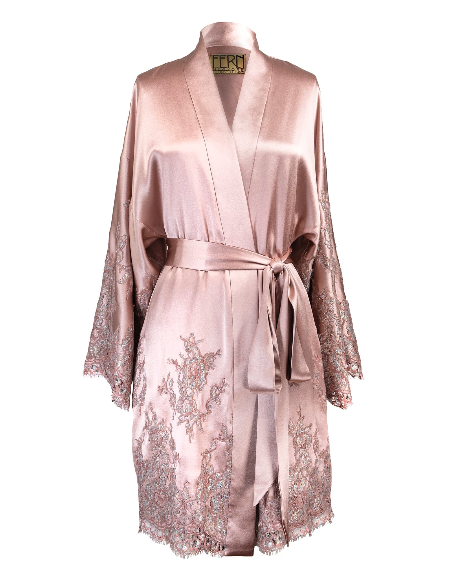 COUTURE — Short Blush Satin Kimono with Lace Appliqué view 1