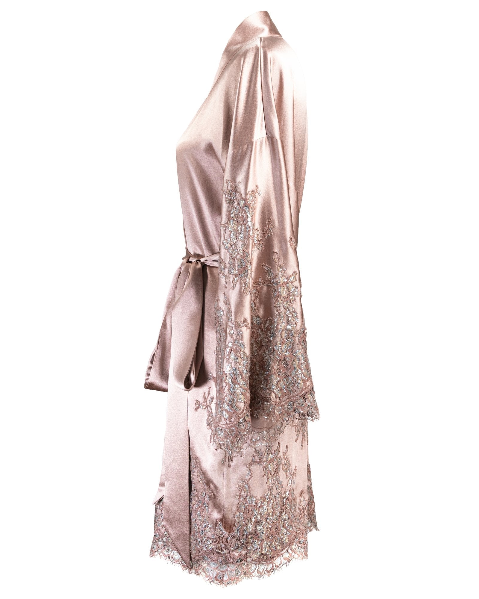 COUTURE — Short Blush Satin Kimono with Lace Appliqué view 2